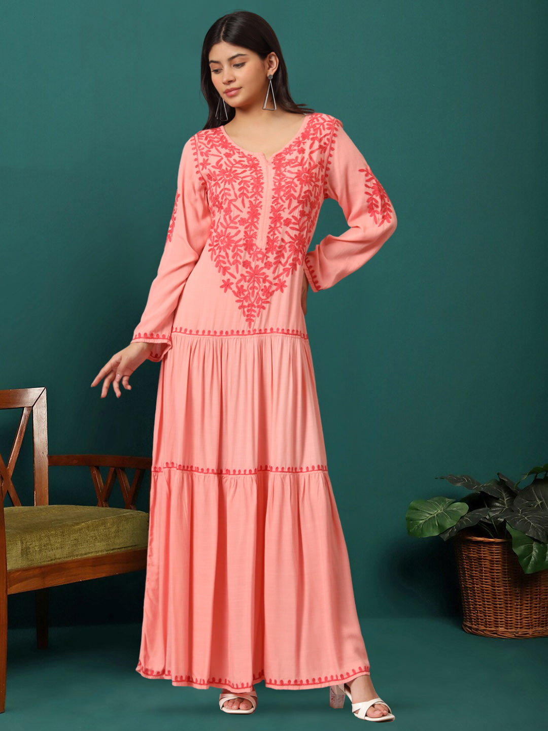 Hand Embroidered Lucknowi Chikankari Cotton Jalabiya-AL3942 Coral