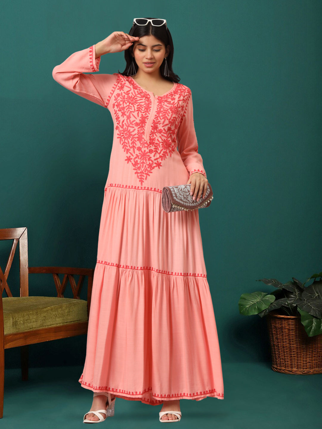 Hand Embroidered Lucknowi Chikankari Cotton Jalabiya-AL3942 Coral