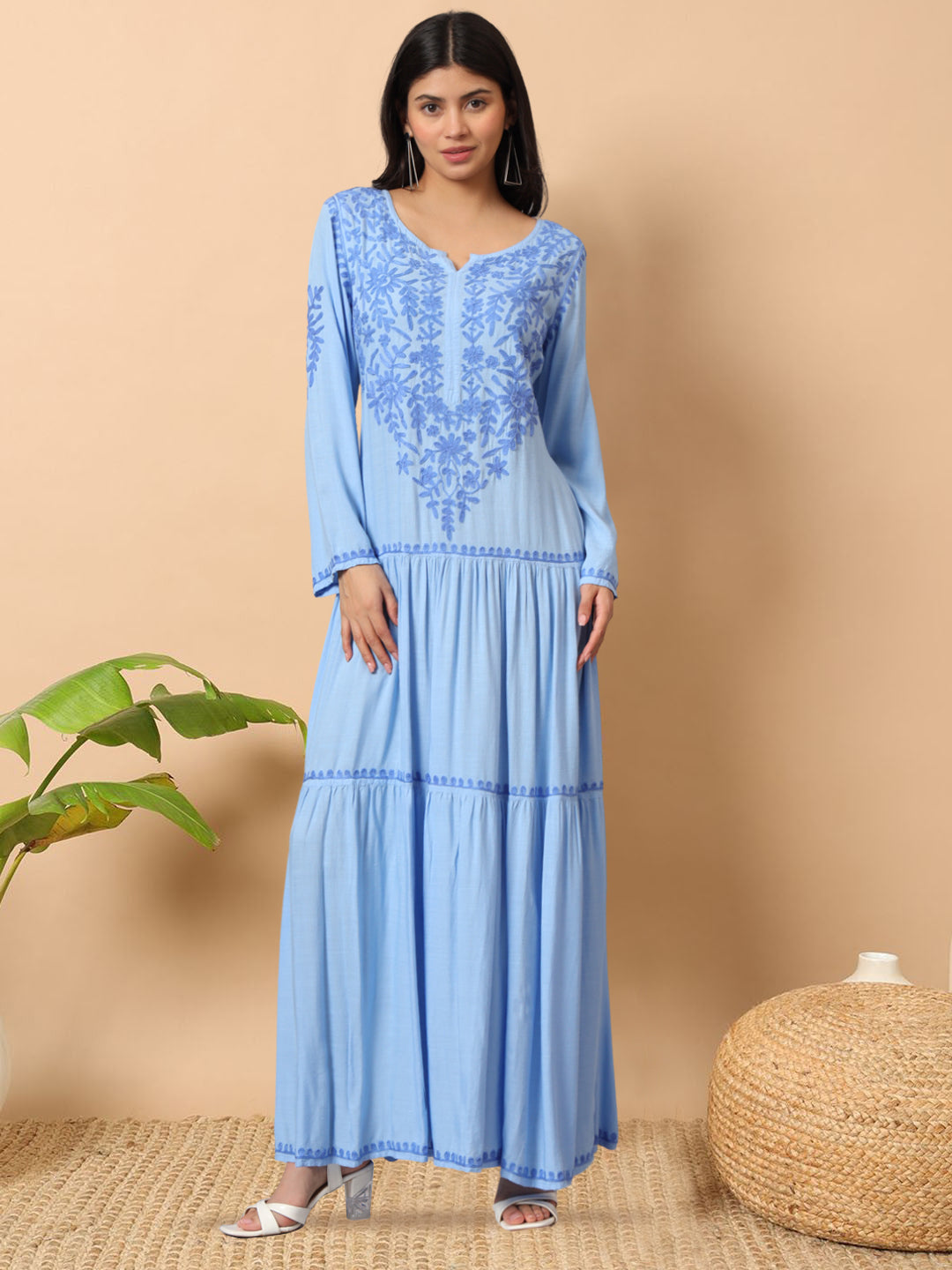 Hand Embroidered Lucknowi Chikankari Cotton Jalabiya-AL3942 Denimblue