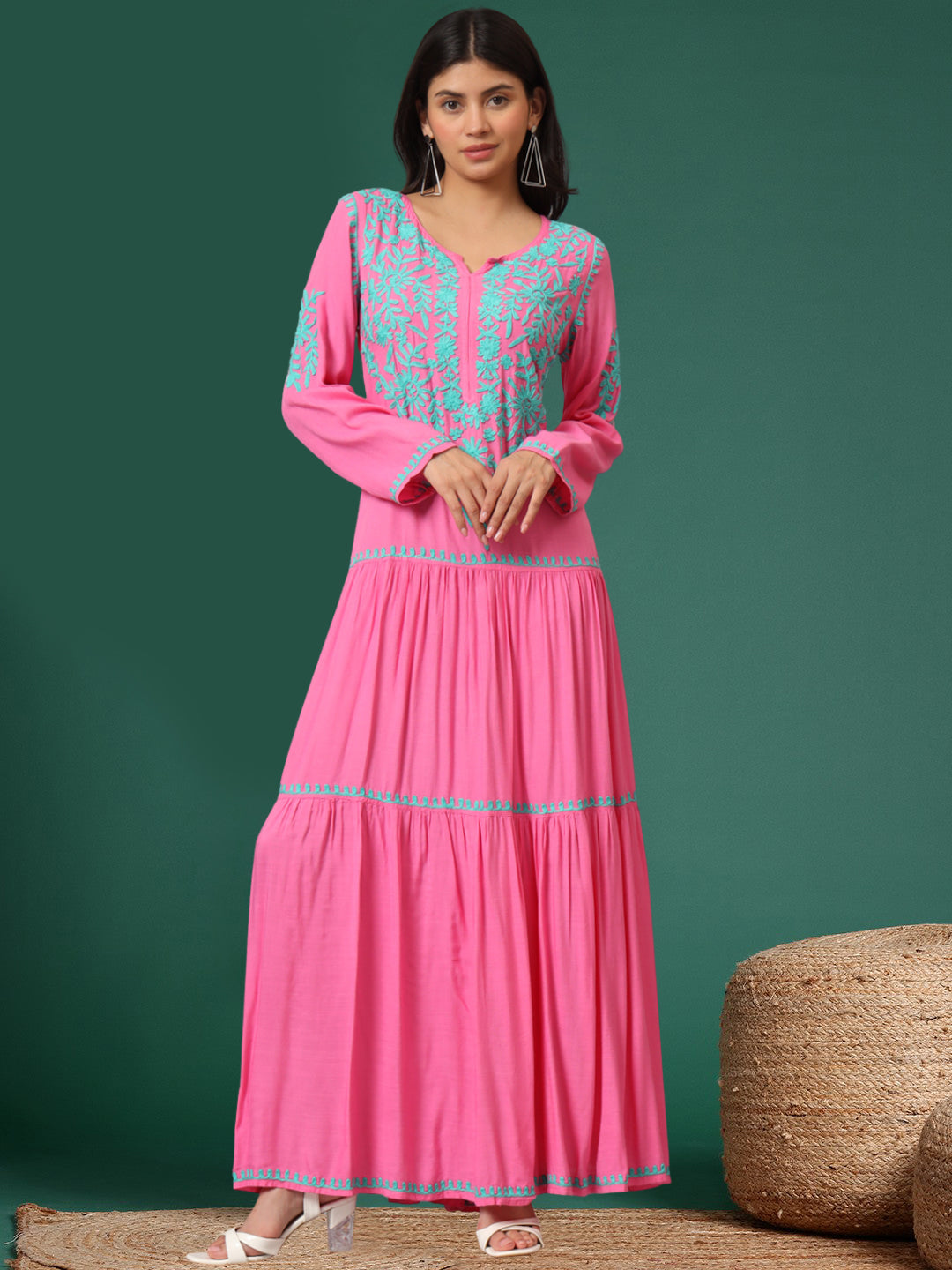 Hand Embroidered Lucknowi Chikankari Cotton Jalabiya-AL3942 Magenta