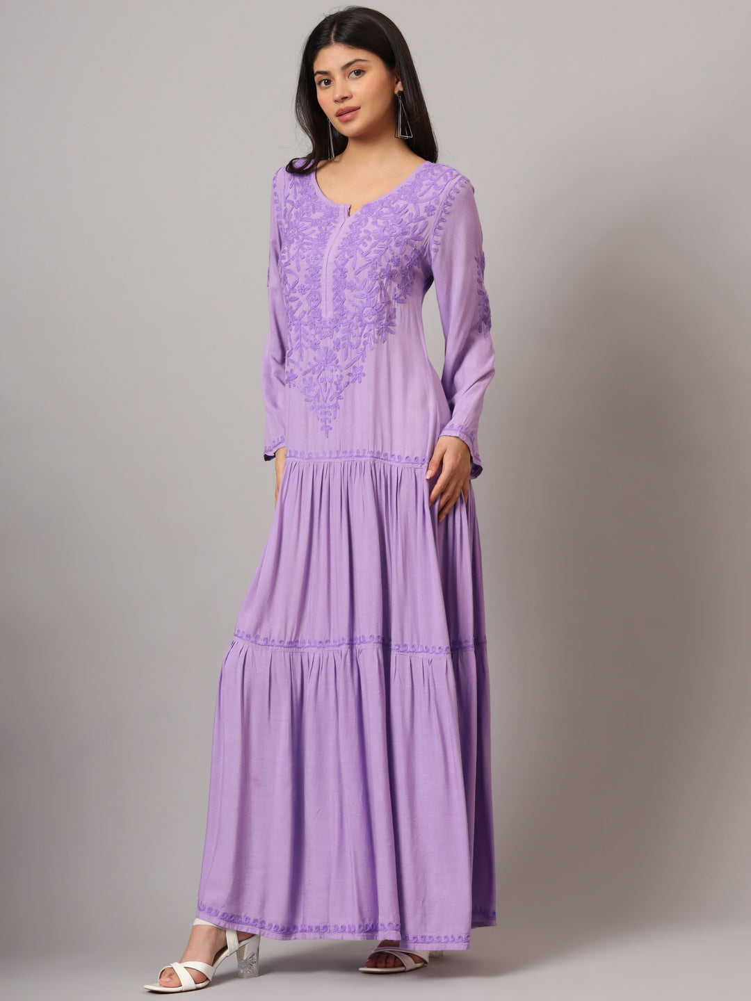 Hand Embroidered Lucknowi Chikankari Cotton Jalabiya-AL3942 Mauve