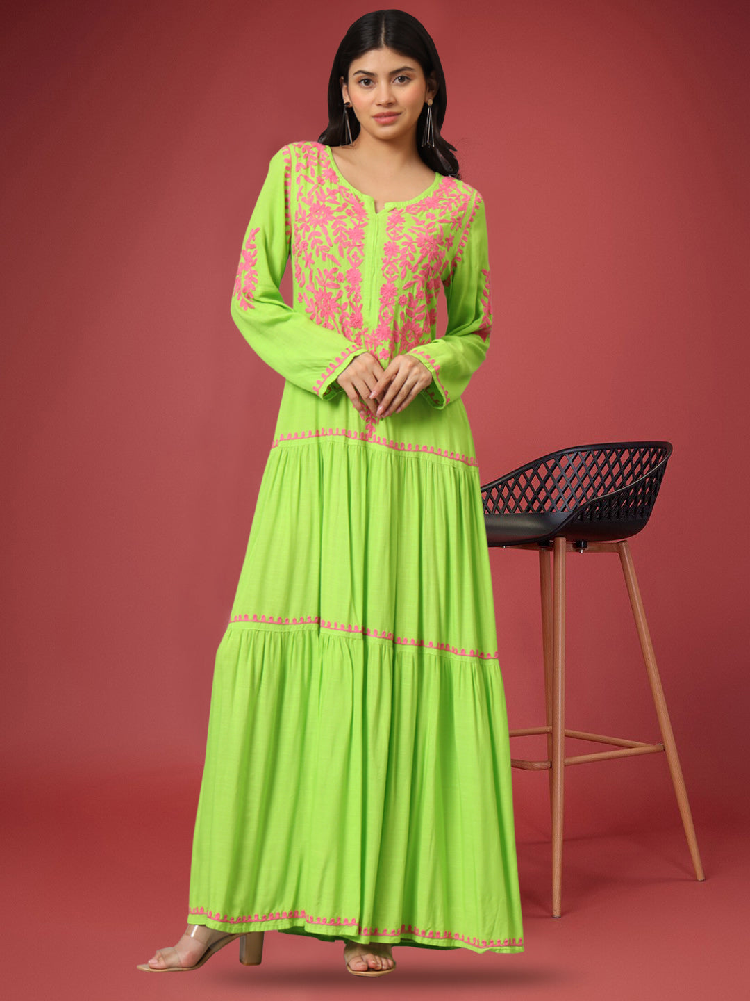 Hand Embroidered Lucknowi Chikankari Cotton Jalabiya-AL3942 Parrotgreen