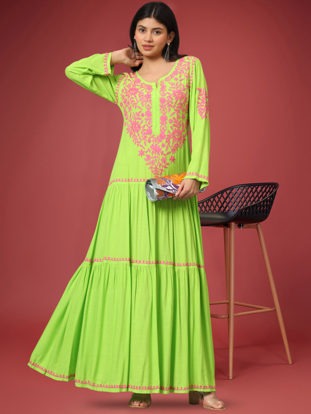Hand Embroidered Lucknowi Chikankari Cotton Jalabiya-AL3942 Parrotgreen