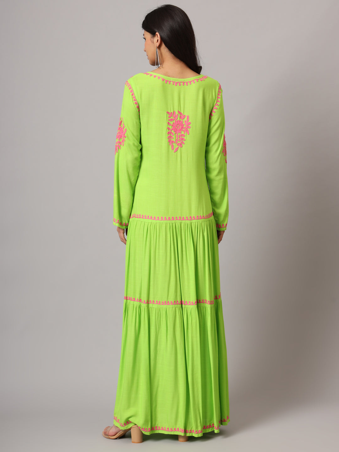 Hand Embroidered Lucknowi Chikankari Cotton Jalabiya-AL3942 Parrotgreen