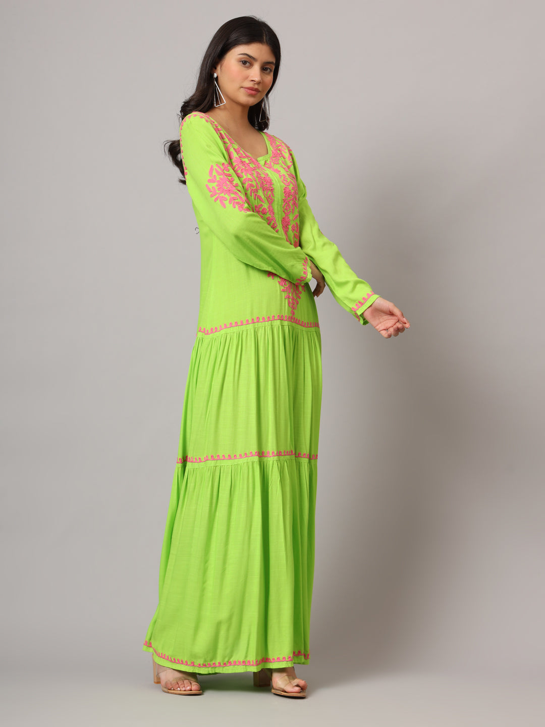 Hand Embroidered Lucknowi Chikankari Cotton Jalabiya-AL3942 Parrotgreen