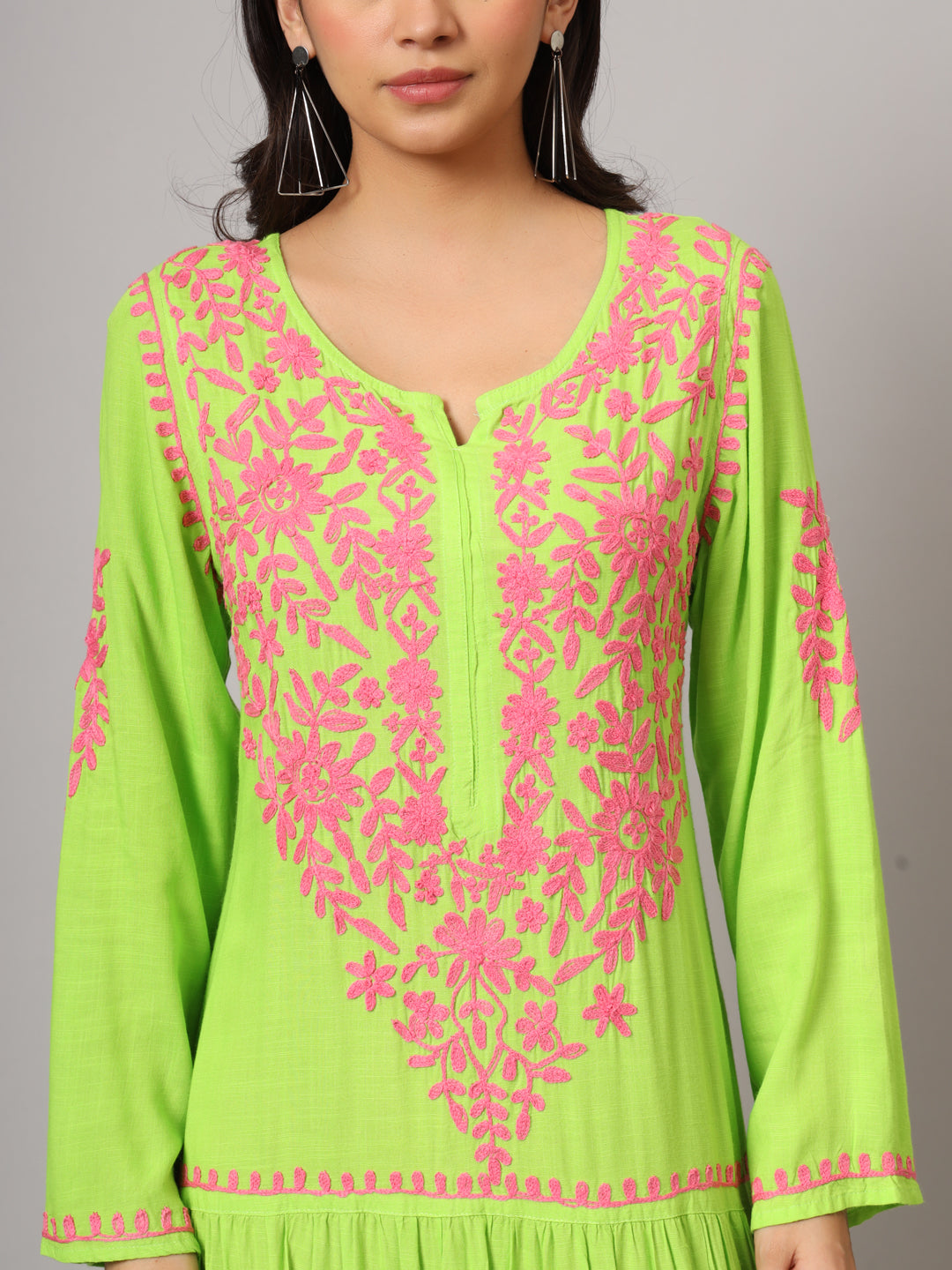 Hand Embroidered Lucknowi Chikankari Cotton Jalabiya-AL3942 Parrotgreen
