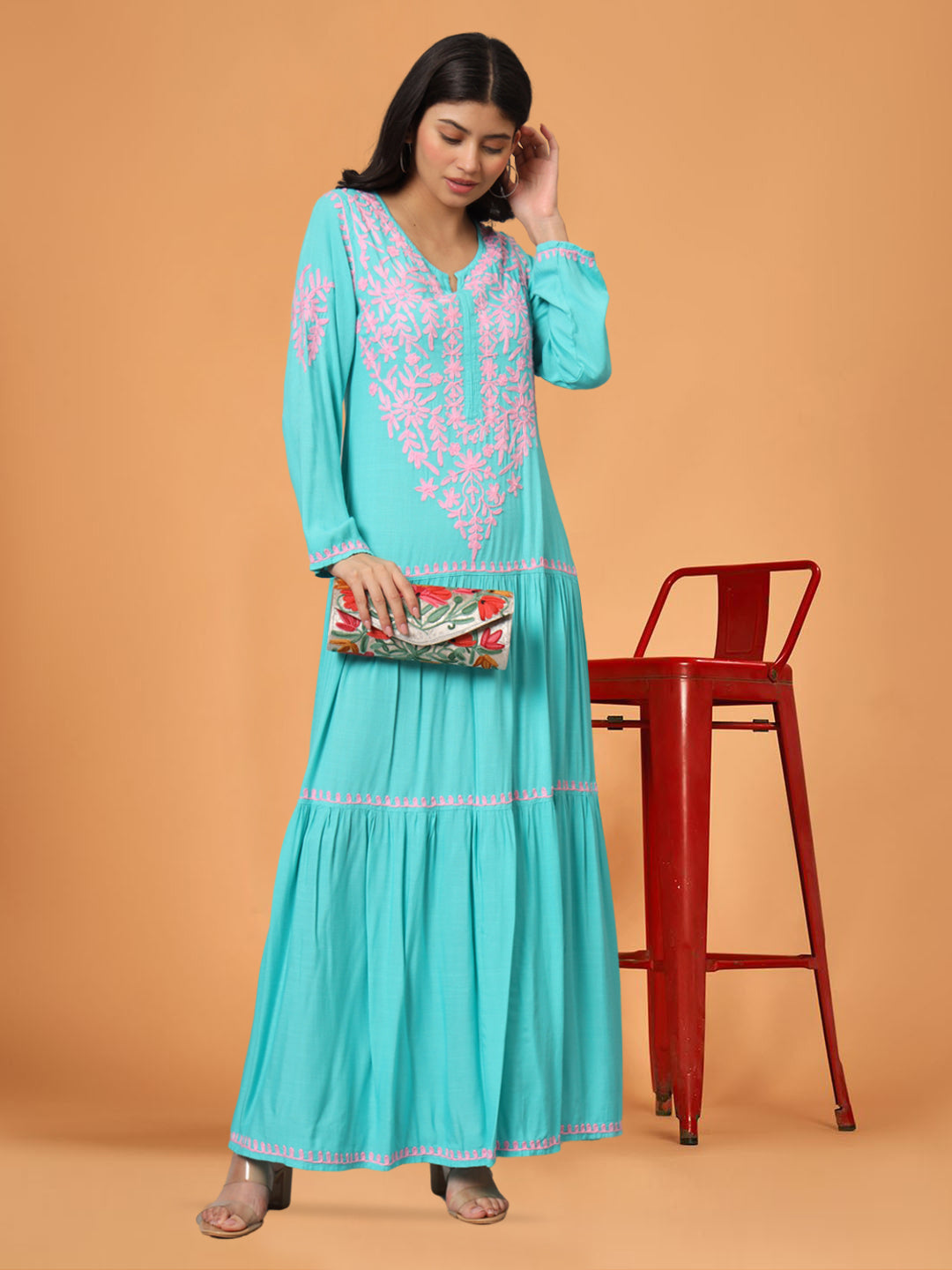 Hand Embroidered Lucknowi Chikankari Cotton Jalabiya-AL3942 Seagreen