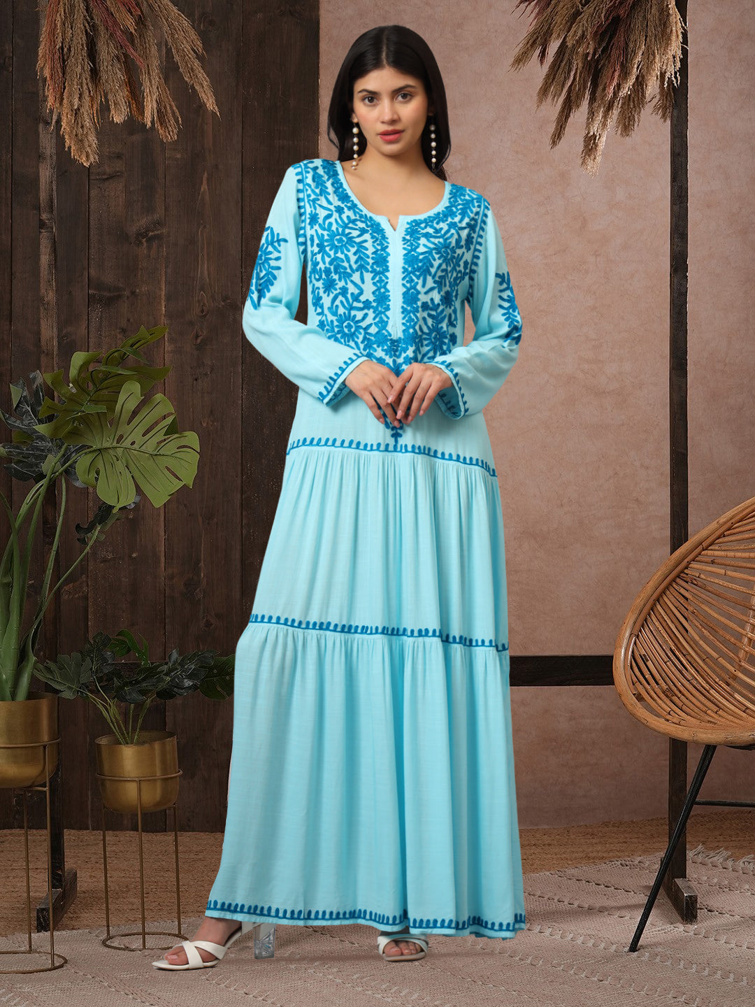 Hand Embroidered Lucknowi Chikankari Cotton Jalabiya-AL3942 Turquoise
