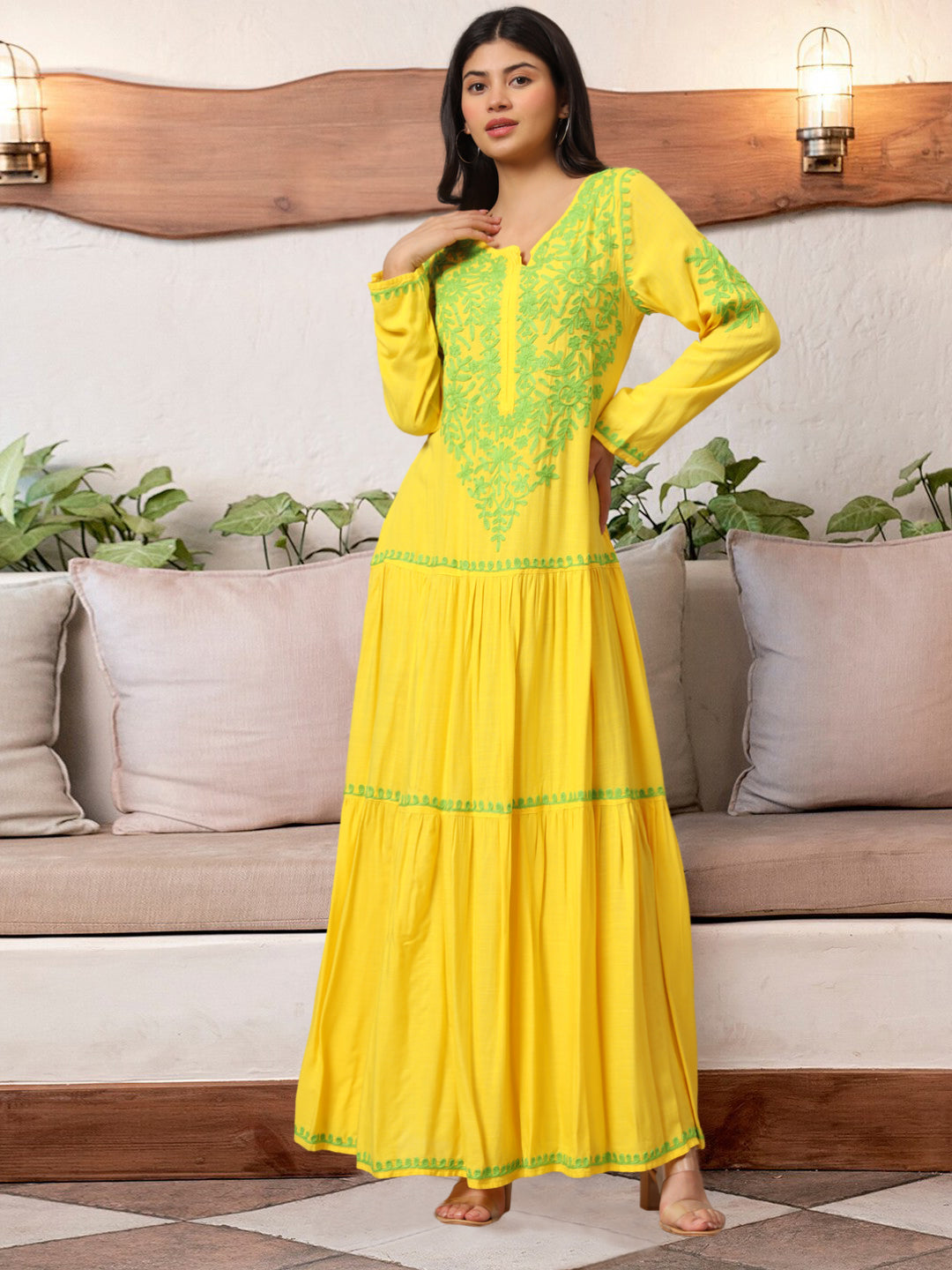 Hand Embroidered Lucknowi Chikankari Cotton Jalabiya-AL3942 Yellow