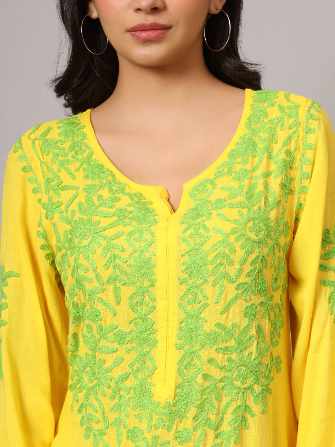 Hand Embroidered Lucknowi Chikankari Cotton Jalabiya-AL3942 Yellow