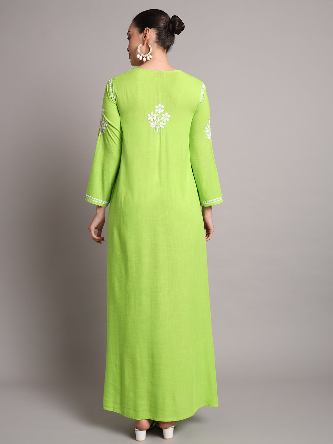 Hand Embroidered Chikankari A-Line Gathering Pattern Rayon Jalabiya-AL4012 Parrotgreen