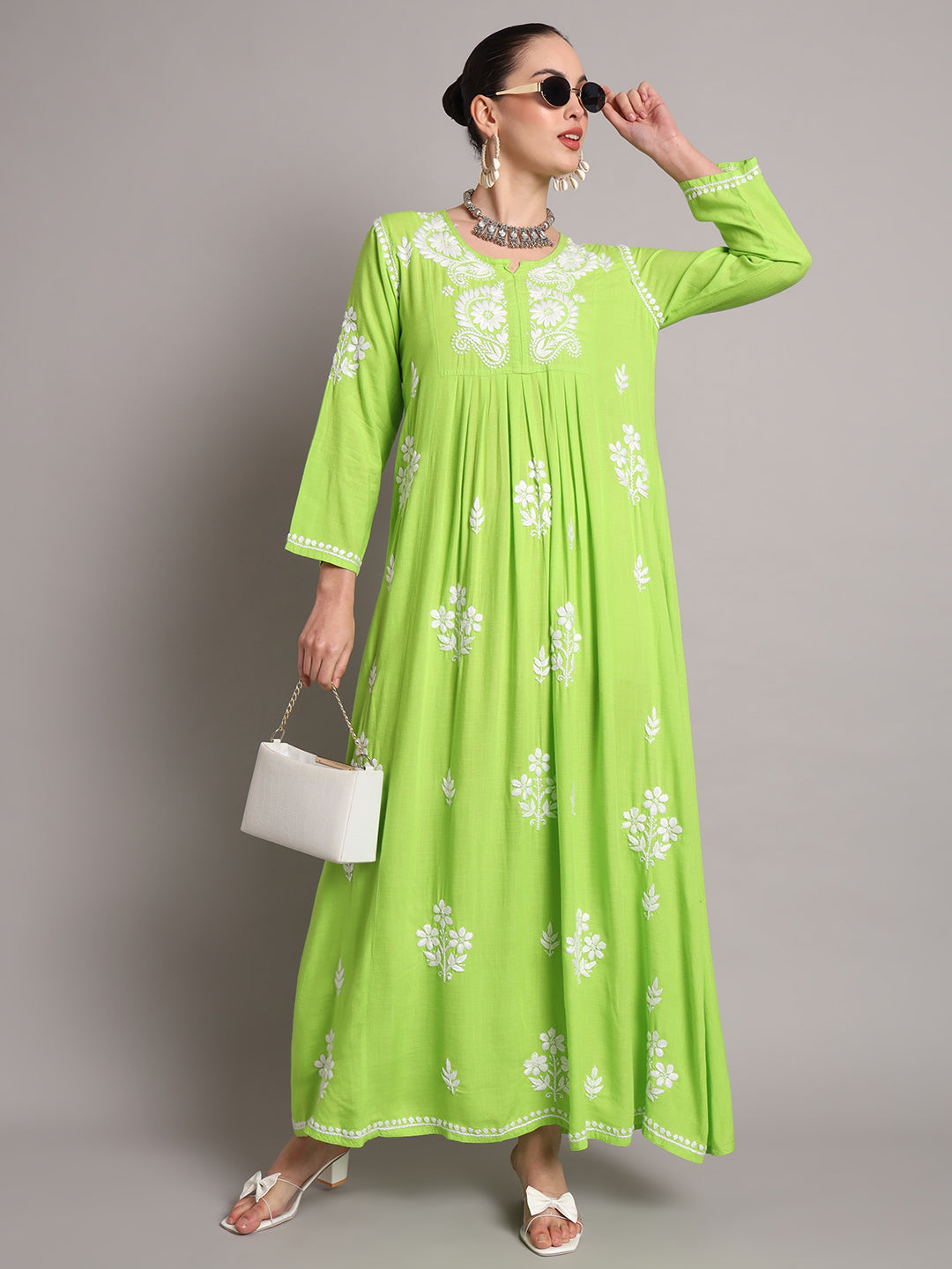 Hand Embroidered Chikankari A-Line Gathering Pattern Rayon Jalabiya-AL4012 Seagreen