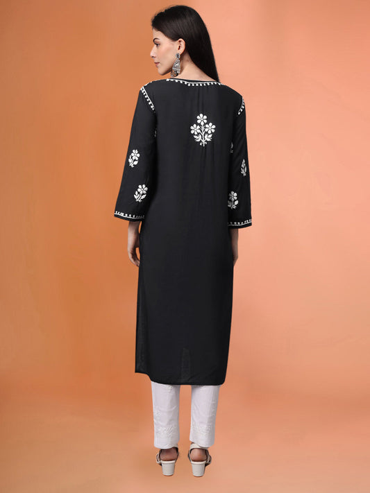 Hand Embroidered Chikankari Modal Kurta- AL4013 Black