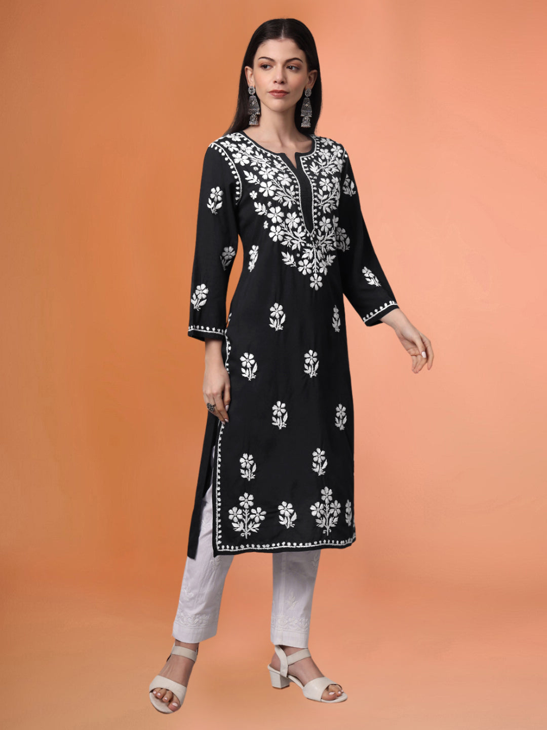Hand Embroidered Chikankari Modal Kurta- AL4013 Black