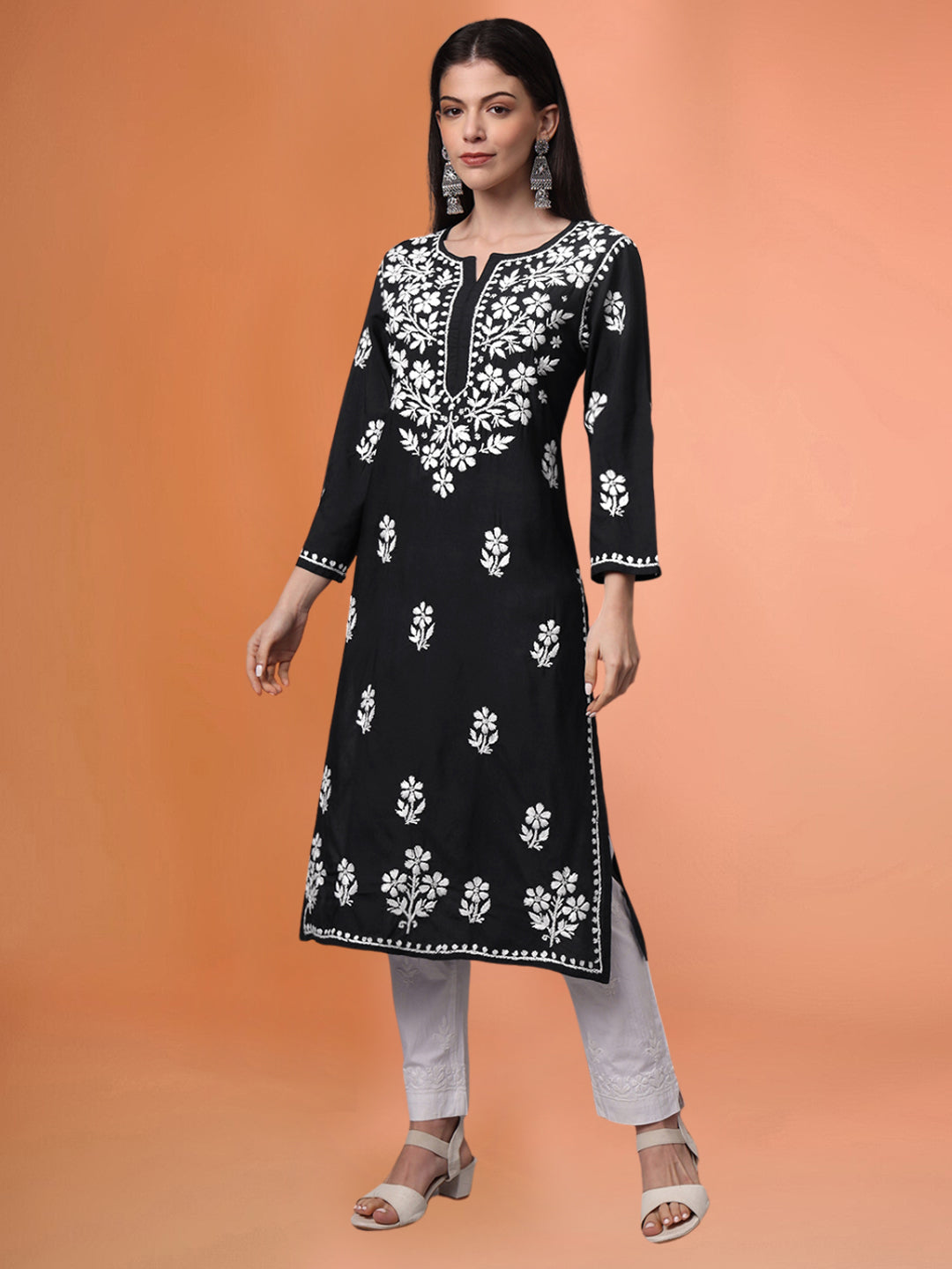 Hand Embroidered Chikankari Modal Kurta- AL4013 Black