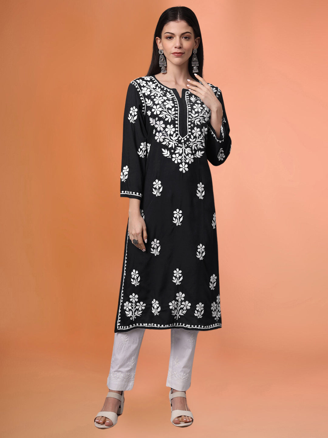 Hand Embroidered Chikankari Modal Kurta- AL4013 Black