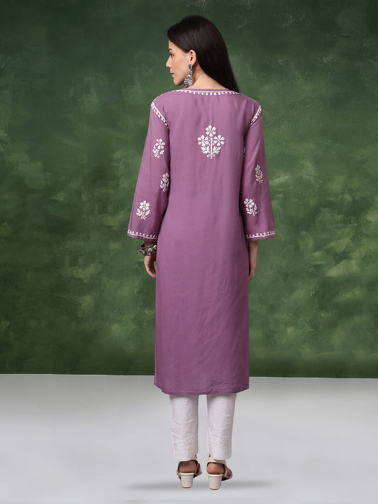 Hand Embroidered Chikankari Modal Kurta- AL4013 Mauve