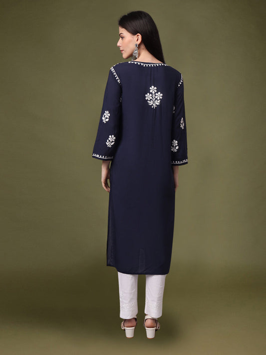 Hand Embroidered Chikankari Modal Kurta- AL4013 Navy