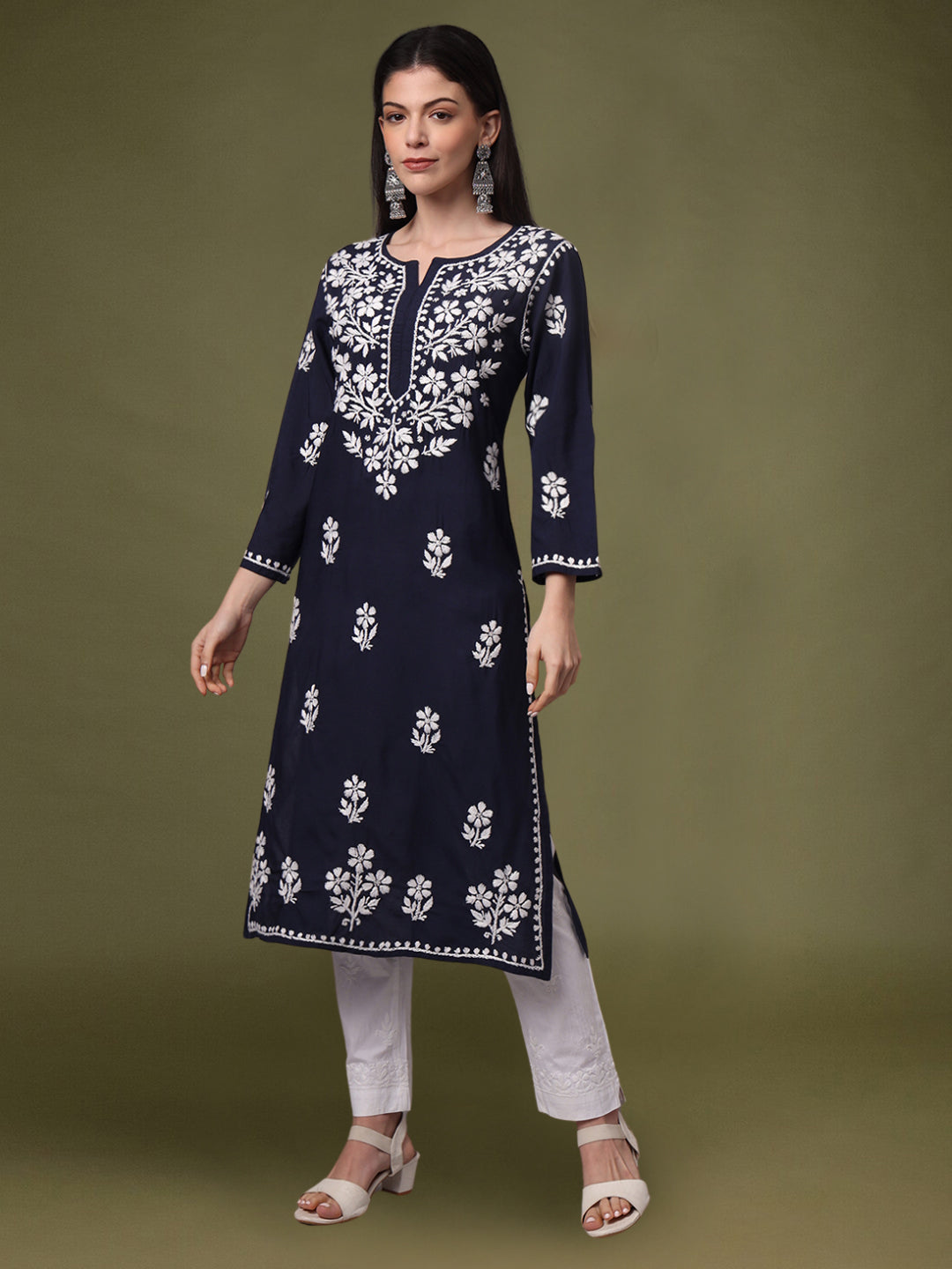 Hand Embroidered Chikankari Modal Kurta- AL4013 Navy