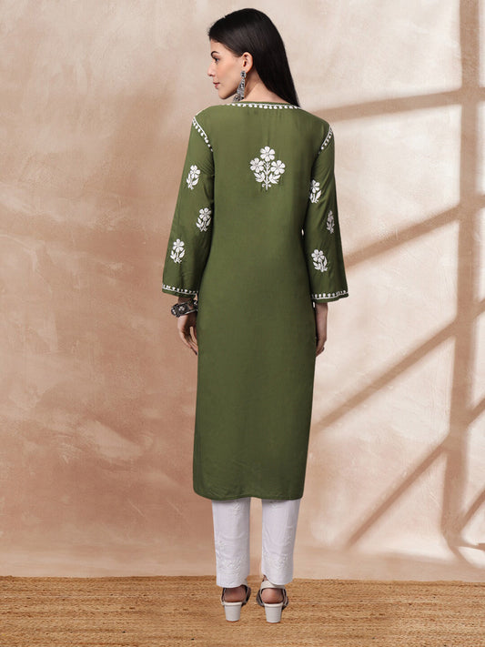 Hand Embroidered Chikankari Modal Kurta- AL4013 Olive