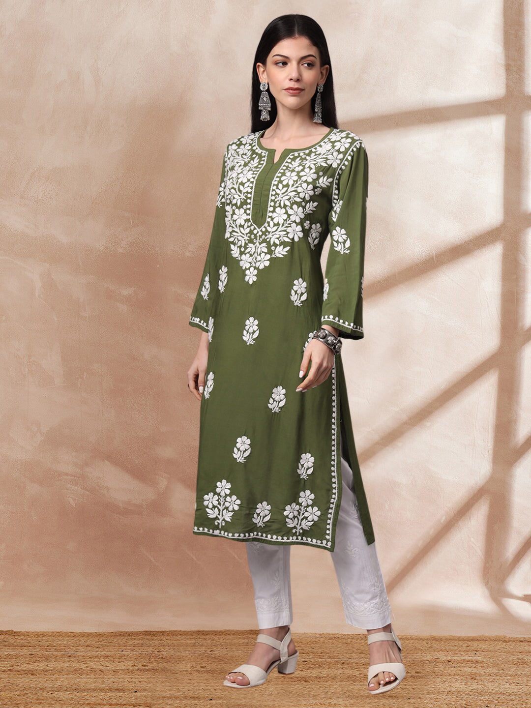 Hand Embroidered Chikankari Modal Kurta- AL4013 Olive