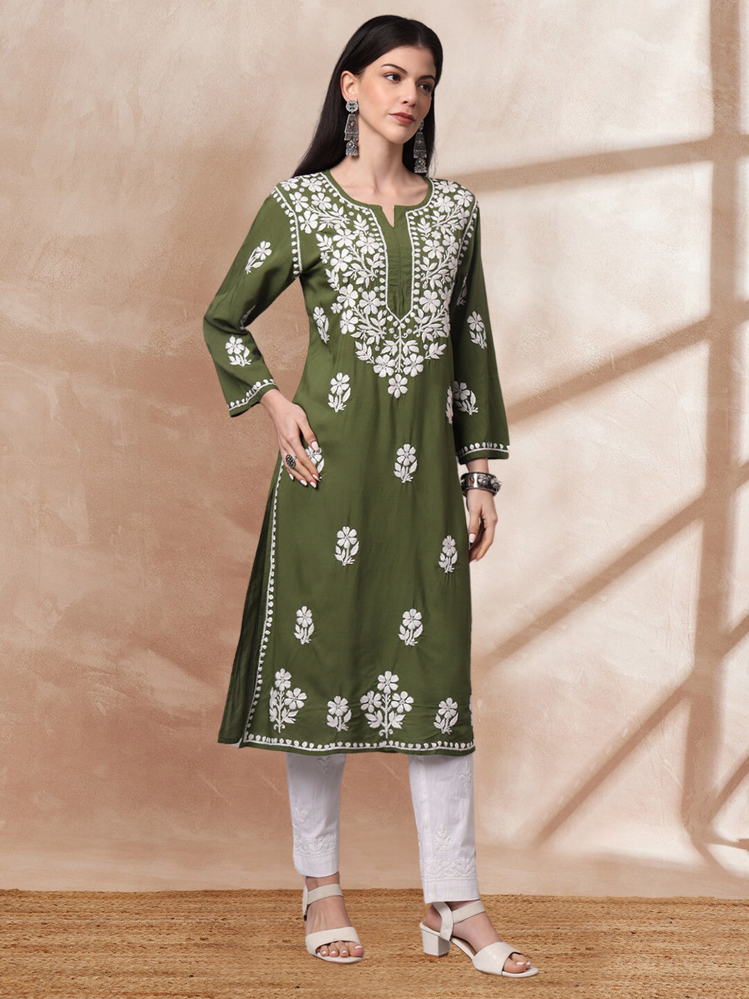 Hand Embroidered Chikankari Modal Kurta- AL4013 Olive