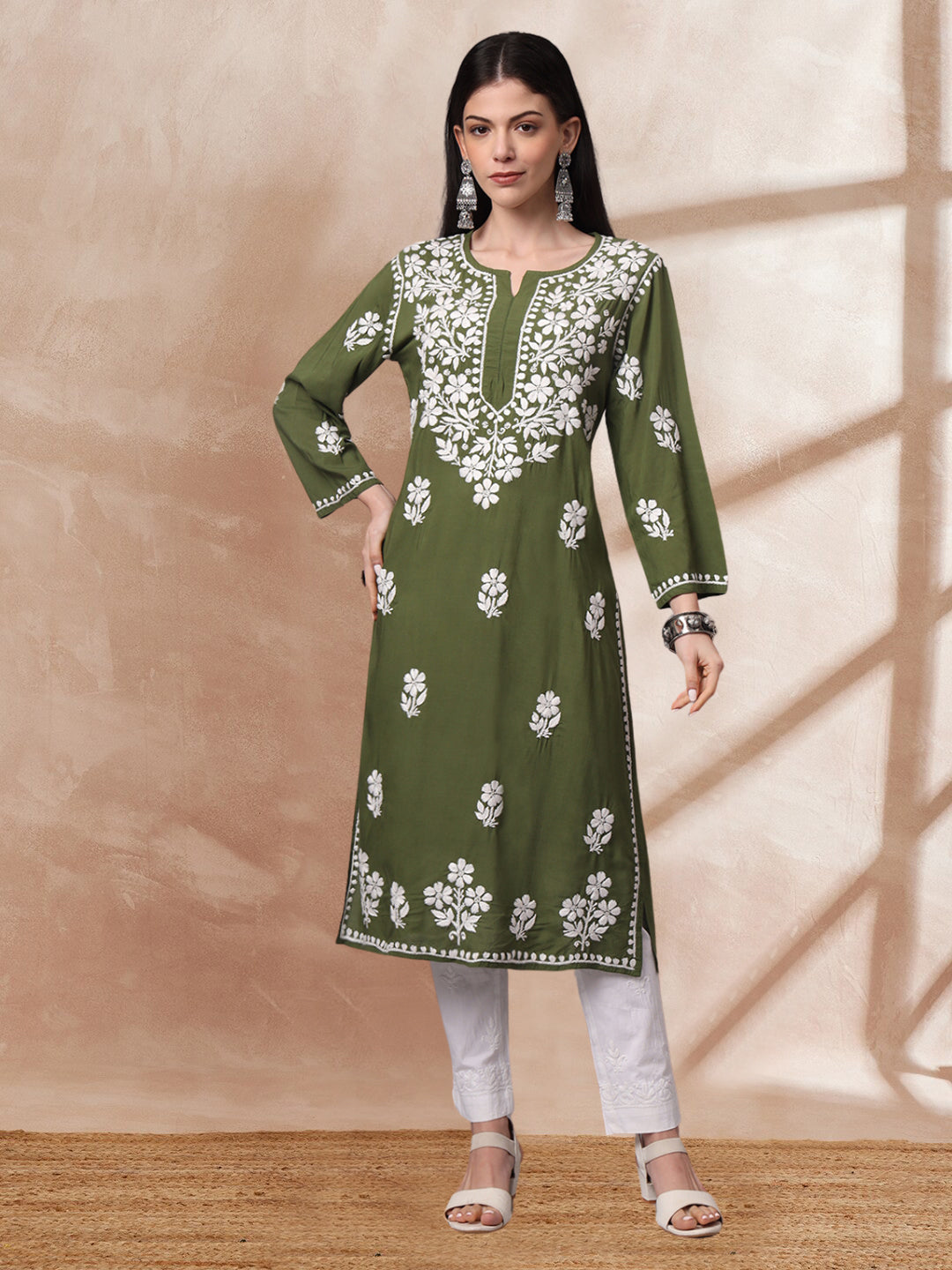 Hand Embroidered Chikankari Modal Kurta- AL4013 Olive