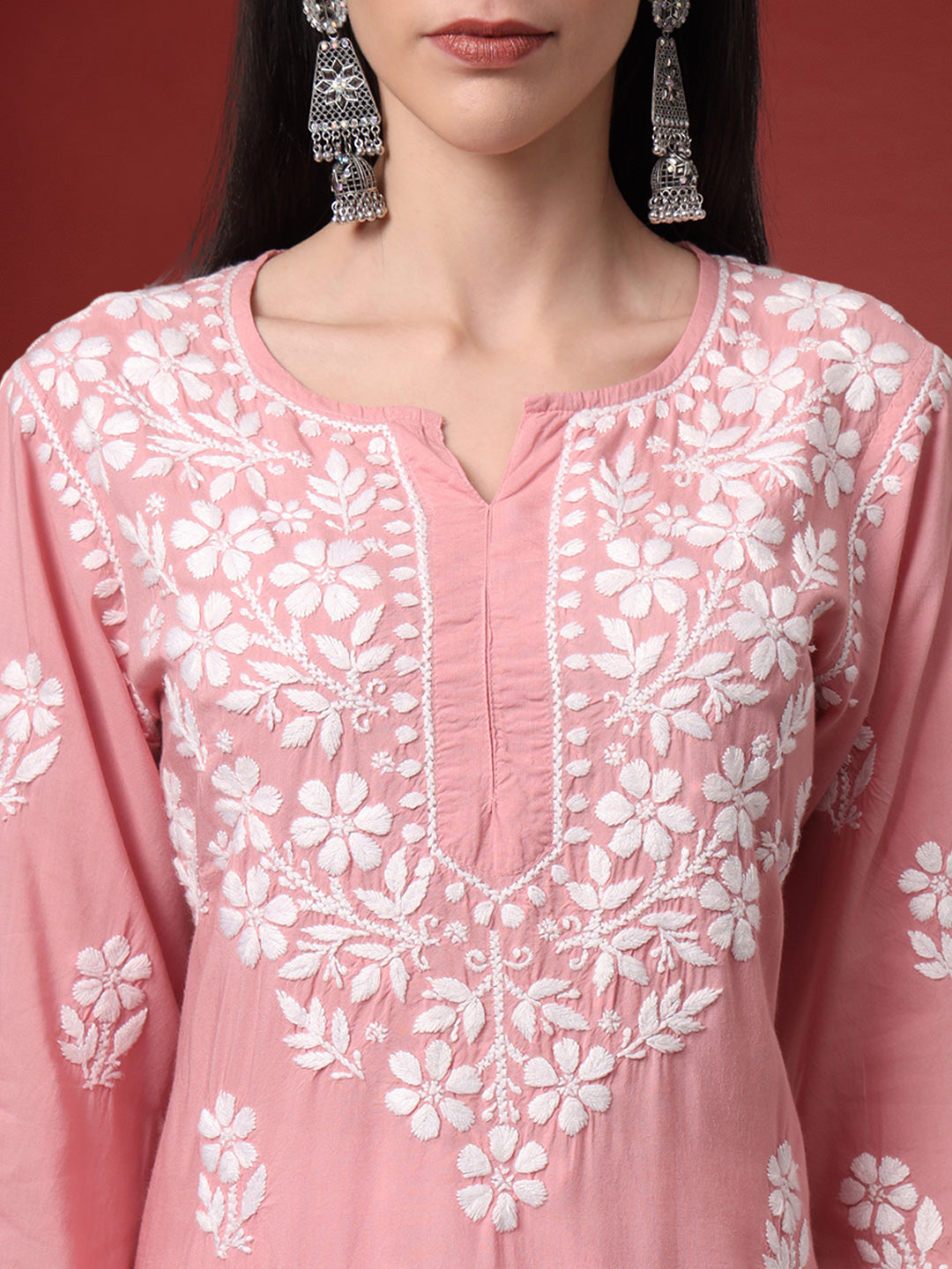 Hand Embroidered Chikankari Modal Kurta- AL4013 Onionpink