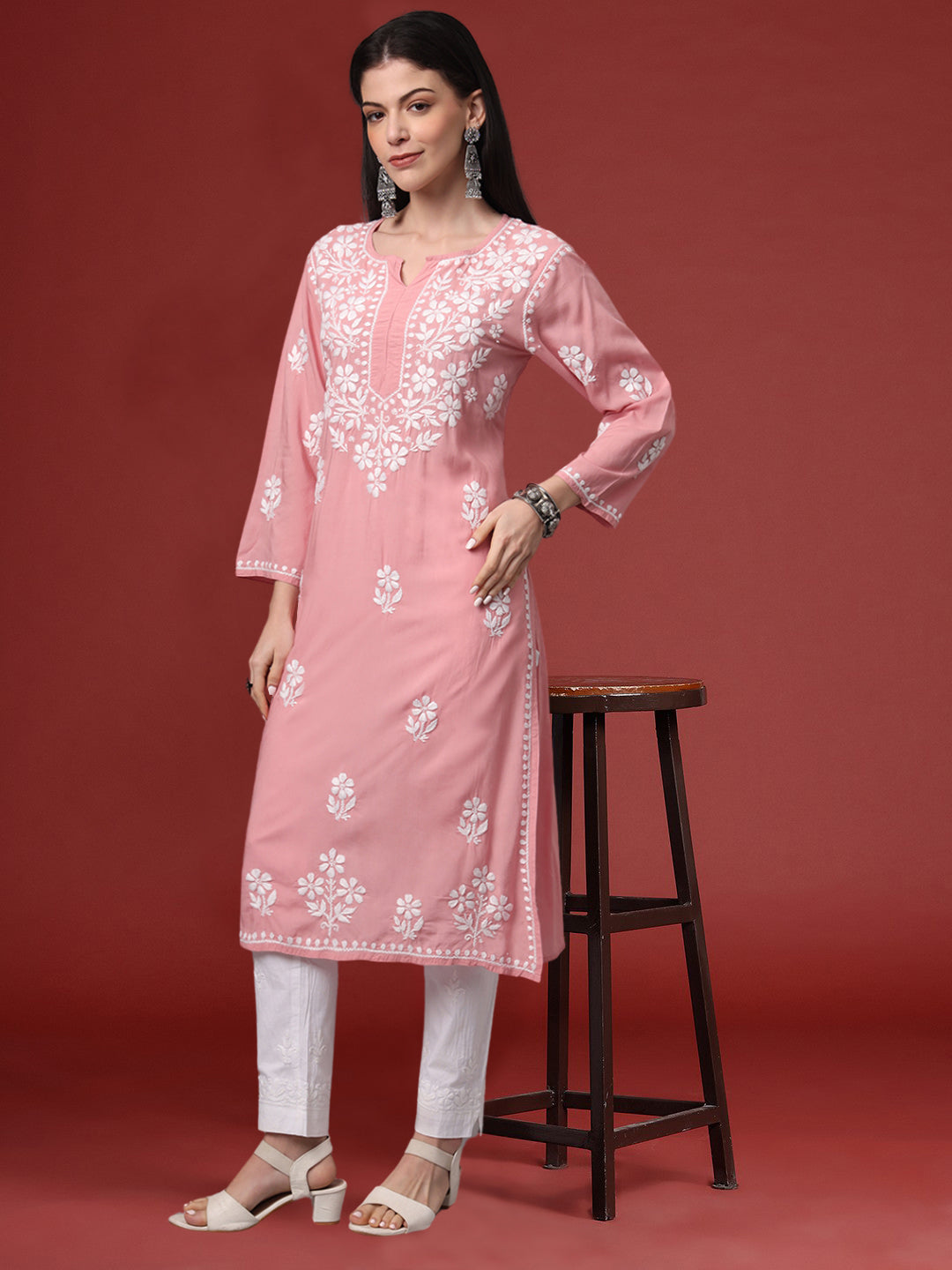 Hand Embroidered Chikankari Modal Kurta- AL4013 Onionpink