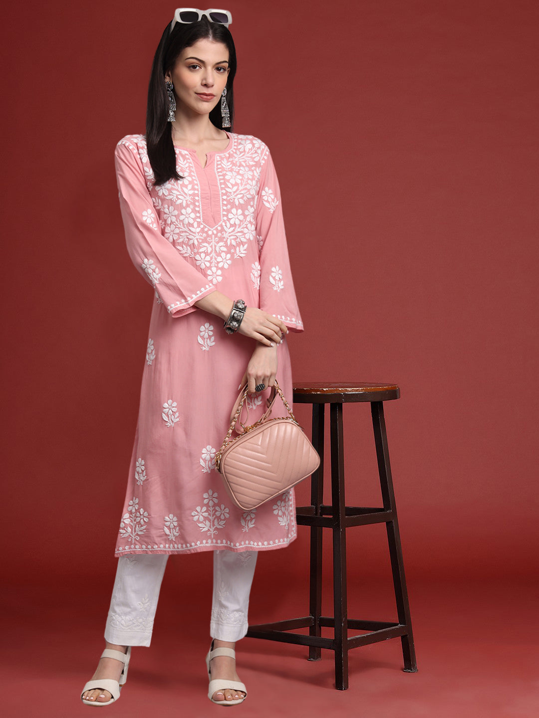 Hand Embroidered Chikankari Modal Kurta- AL4013 Onionpink