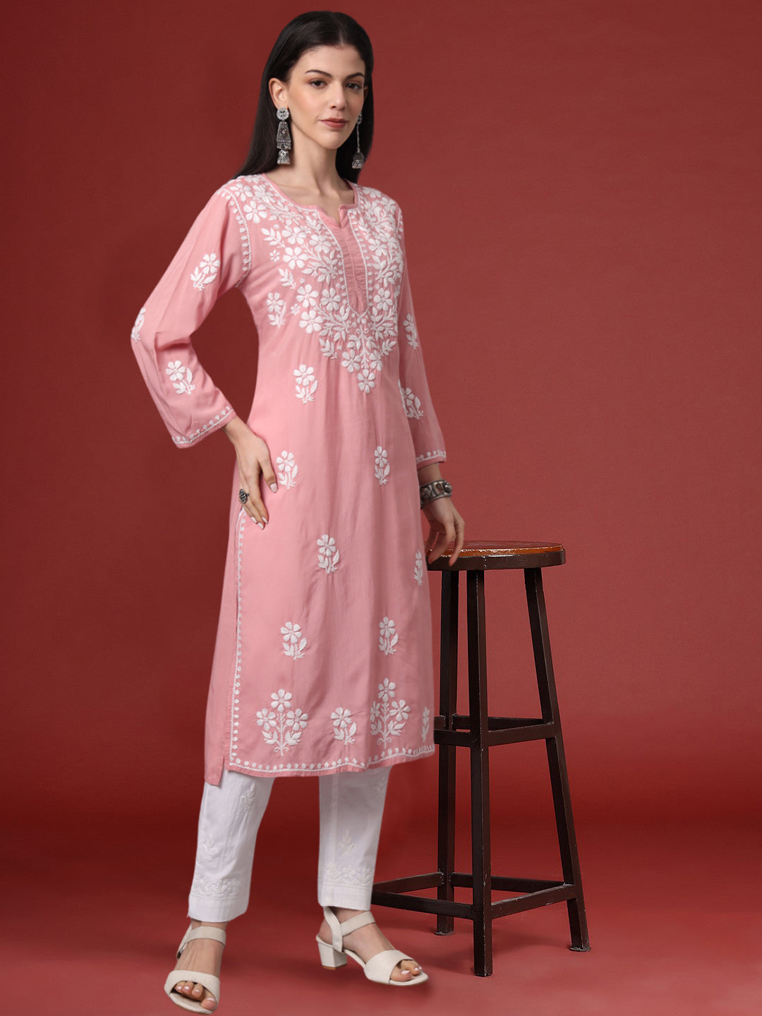 Hand Embroidered Chikankari Modal Kurta- AL4013 Onionpink