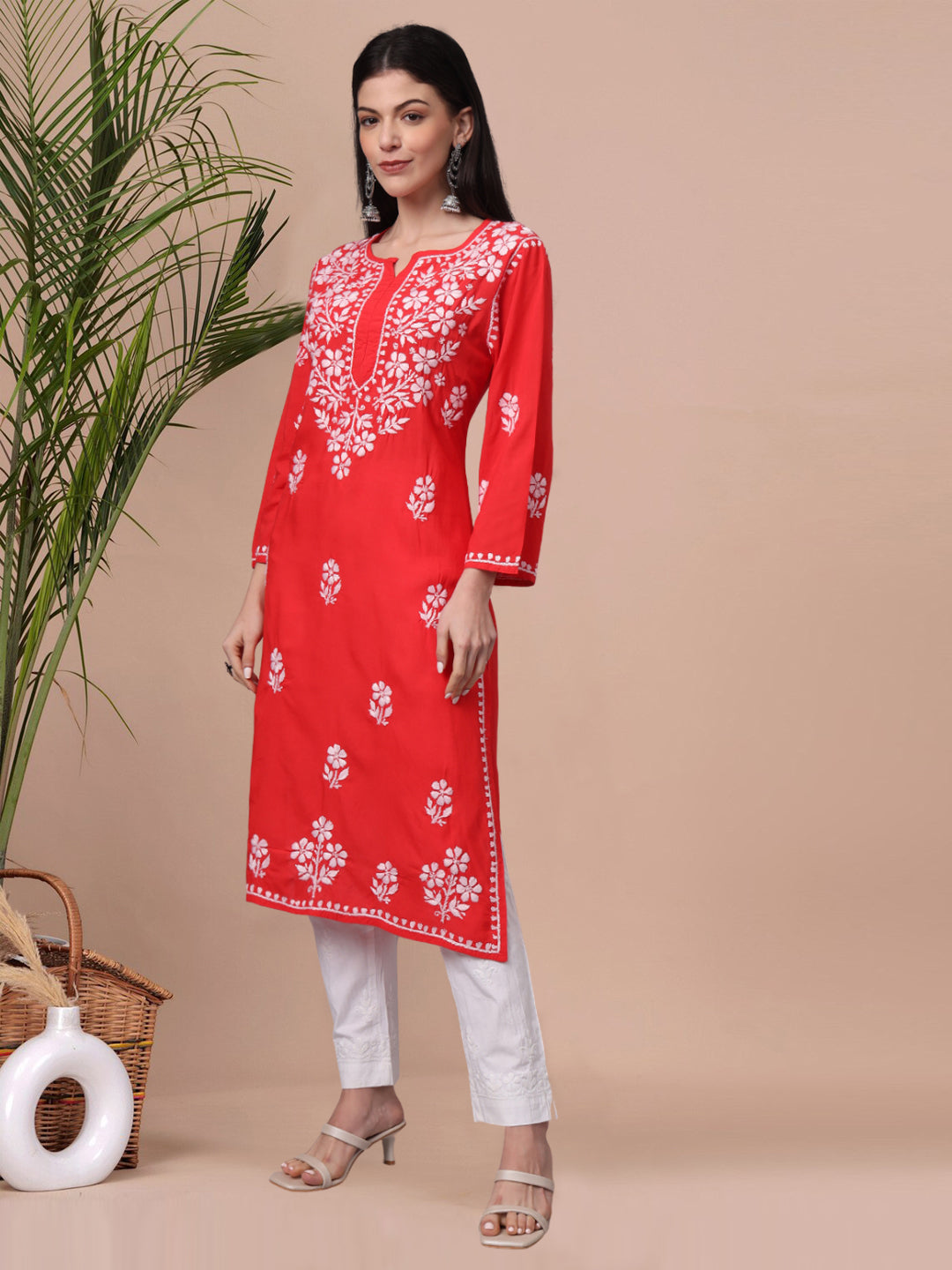 Hand Embroidered Chikankari Modal Kurta- AL4013 Red