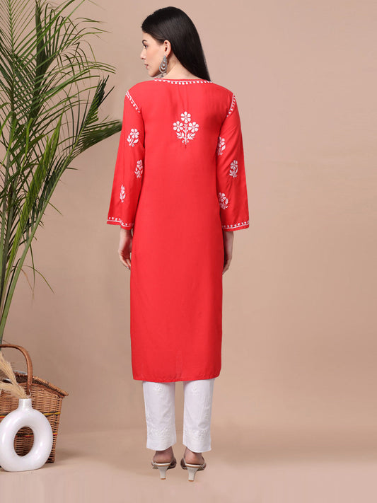 Hand Embroidered Chikankari Modal Kurta- AL4013 Red