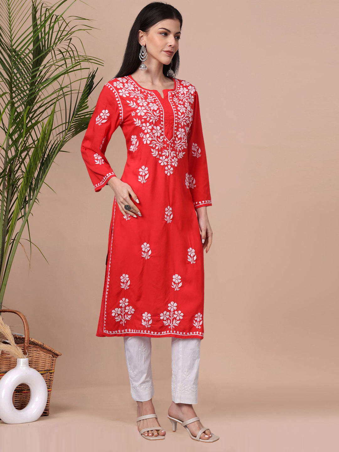Hand Embroidered Chikankari Modal Kurta- AL4013 Red
