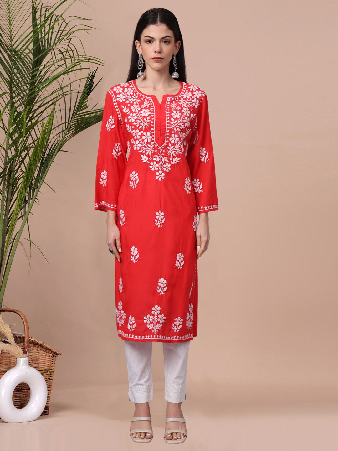 Hand Embroidered Chikankari Modal Kurta- AL4013 Red