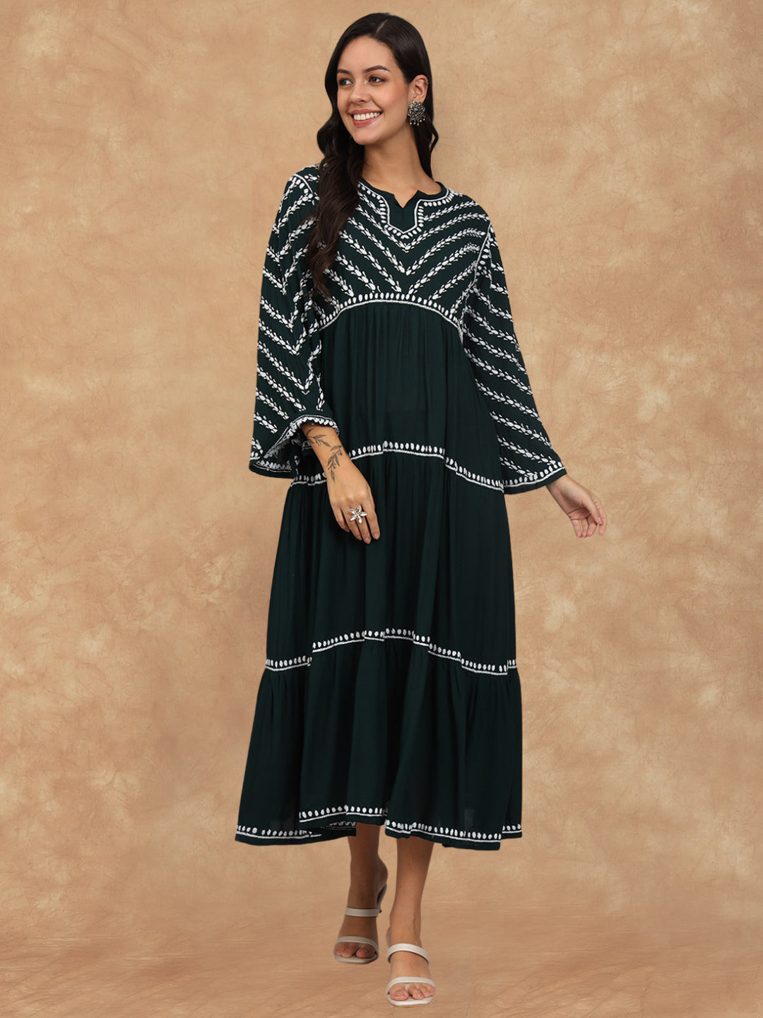 Hand Embroidered Chikankari Modal Jalabiya-AL4015 Darkgreen