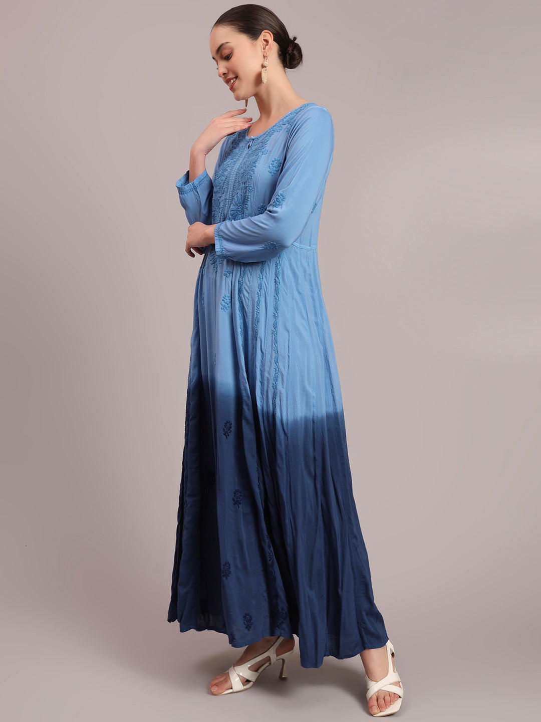 Hand Embroidered Chikankari Modal Ombre Jalabiya-AL4018 Blue
