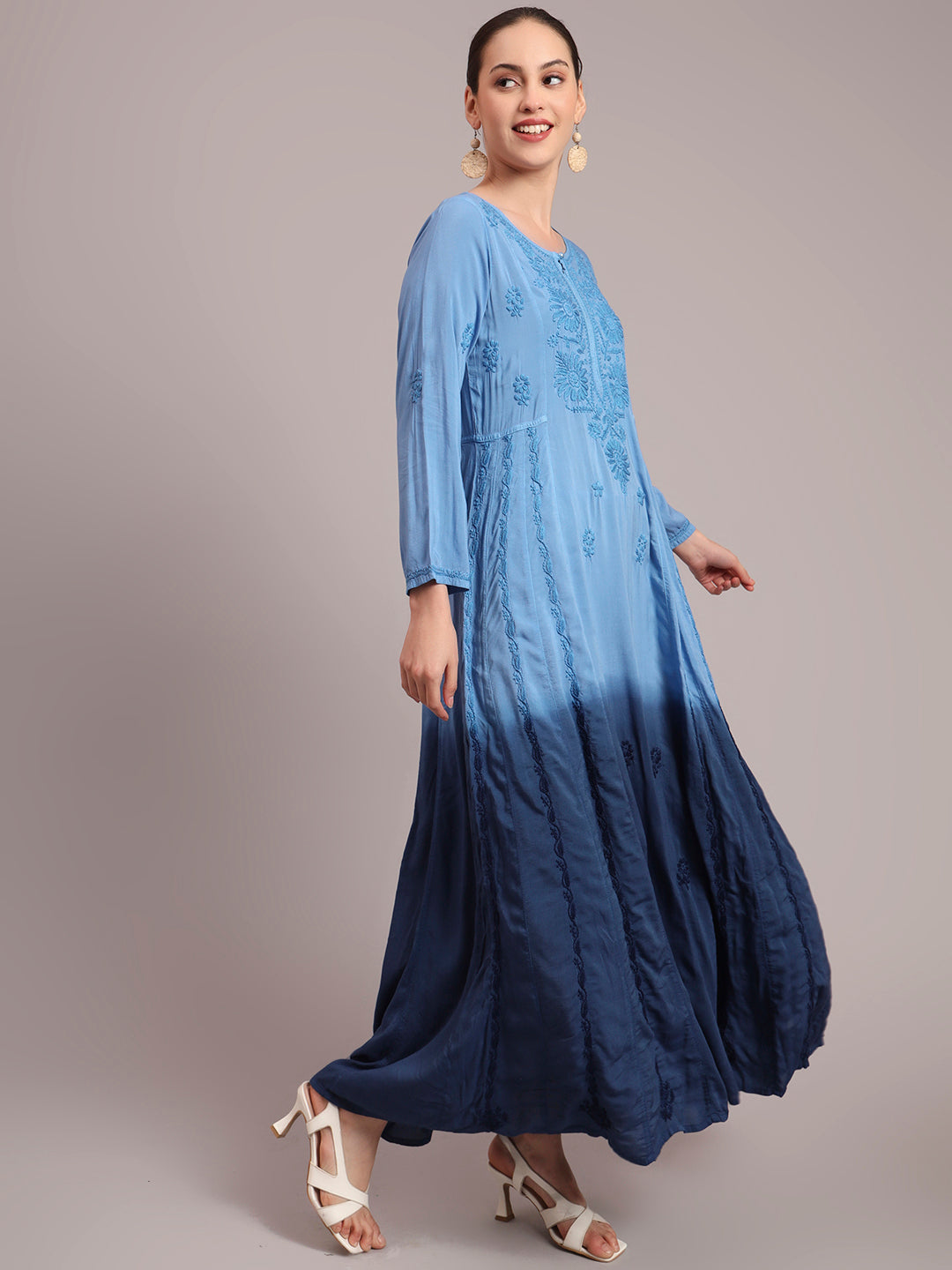 Hand Embroidered Chikankari Modal Ombre Jalabiya-AL4018 Blue