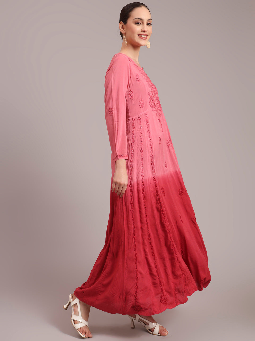 Hand Embroidered Chikankari Modal Ombre Jalabiya-AL4018 Coral
