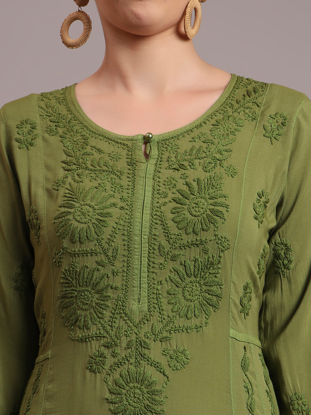 Hand Embroidered Chikankari Modal Ombre Jalabiya-AL4018 Olivegreen