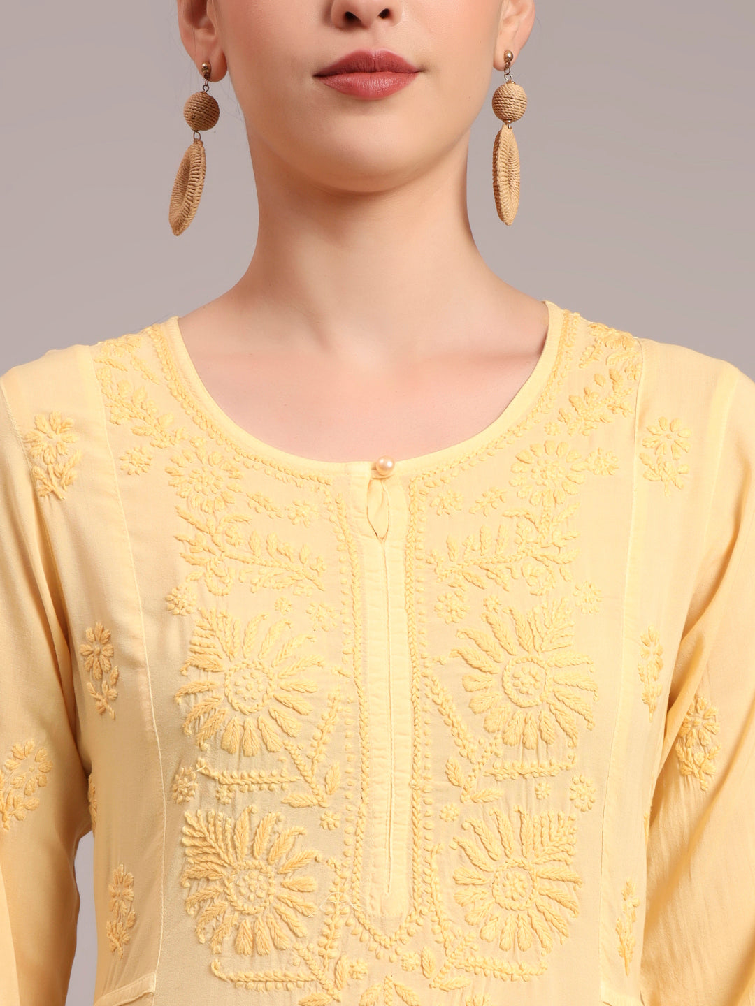 Hand Embroidered Chikankari Modal Ombre Jalabiya-AL4018 Yellow