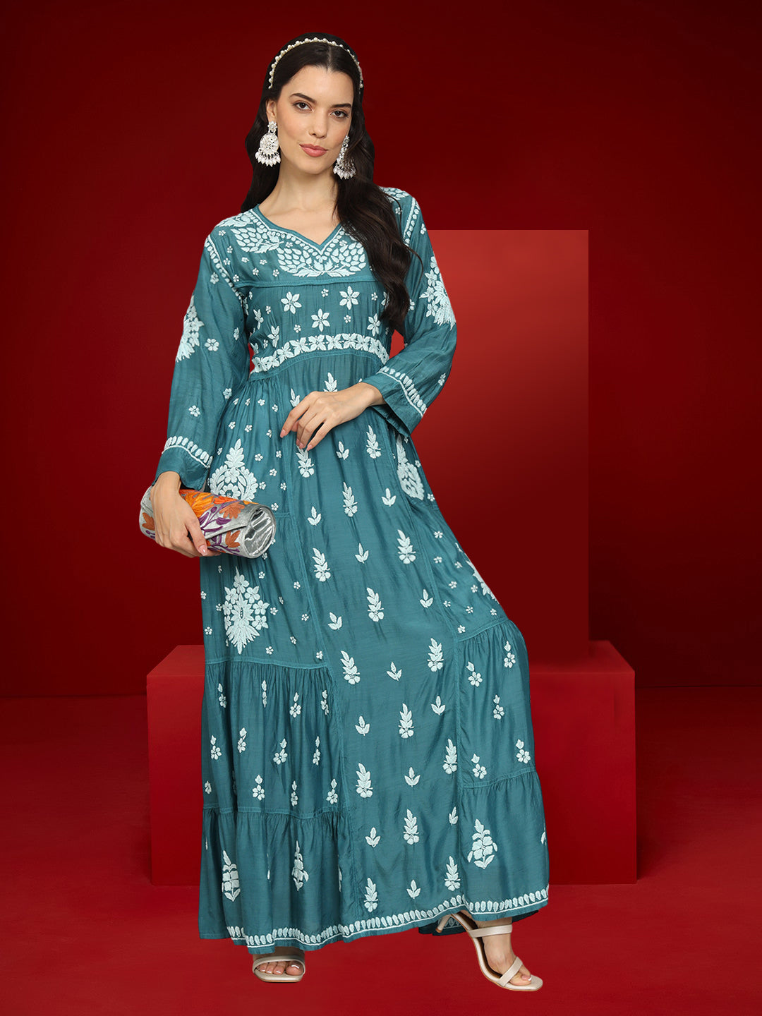 Women Hand Embroidered Chikankari Muslin Jalabiyas-AL4044 Green