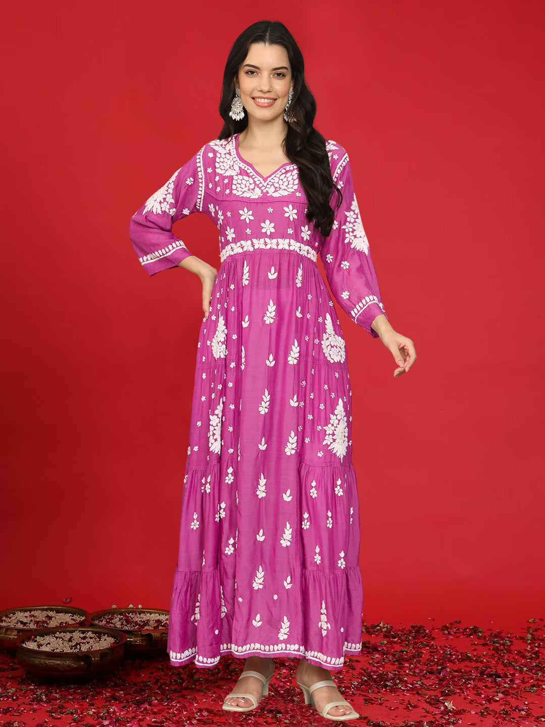 Women Hand Embroidered Chikankari Muslin Jalabiyas-AL4044 Pink