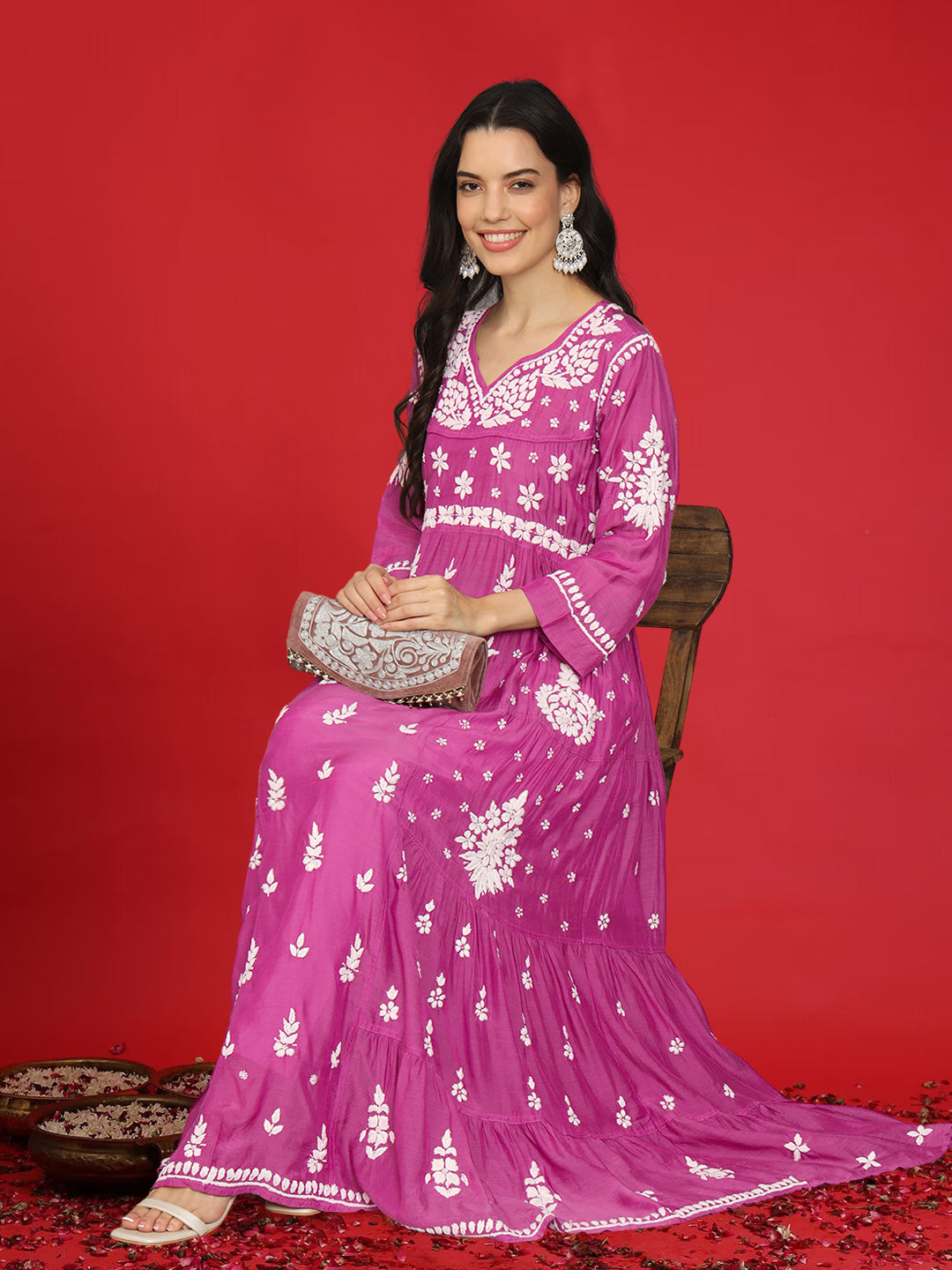 Women Hand Embroidered Chikankari Muslin Jalabiyas-AL4044 Pink