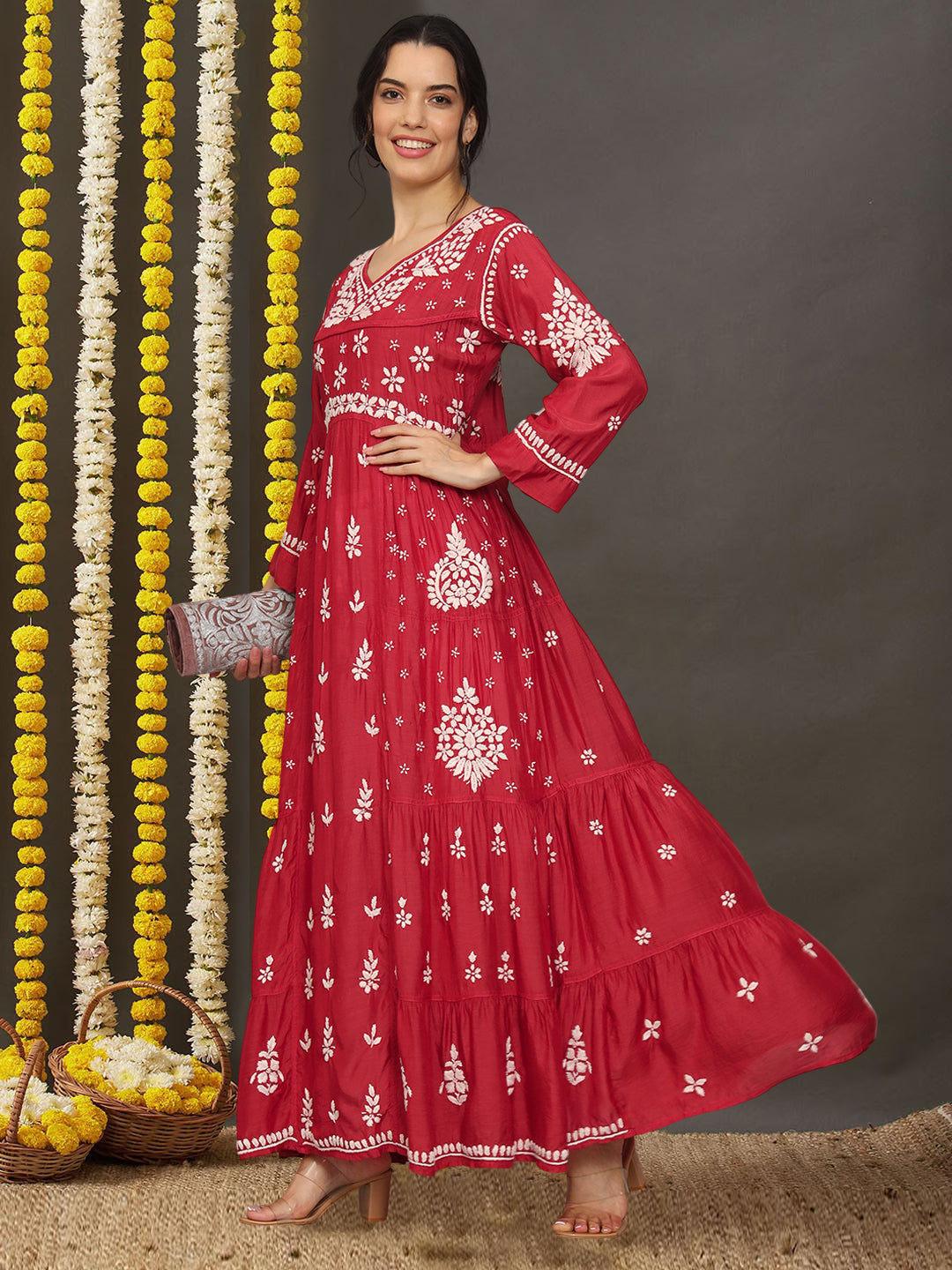 Women Hand Embroidered Chikankari Muslin Jalabiyas-AL4044 Red