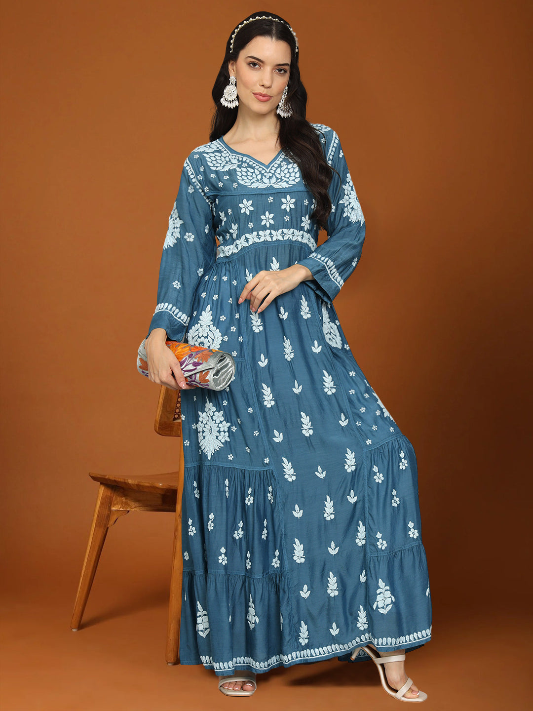 Women Hand Embroidered Chikankari Muslin Jalabiyas-AL4044 Teal