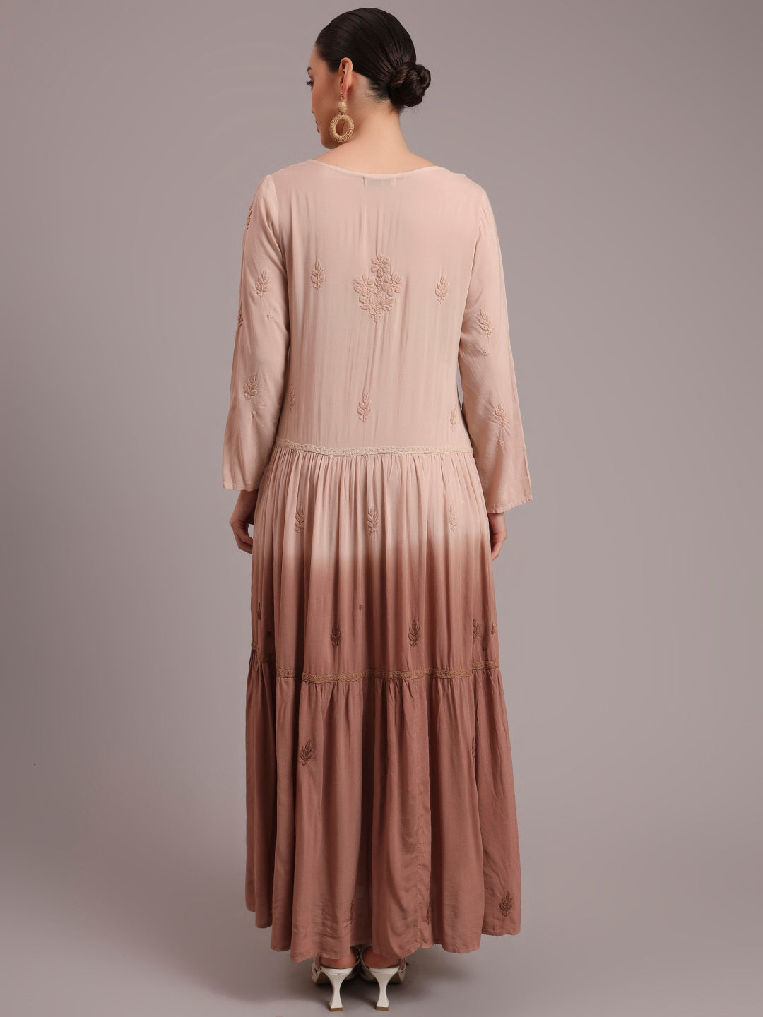 Hand Embroidered Chikankari Modal Ombre Jalabiya-AL4047 Beige