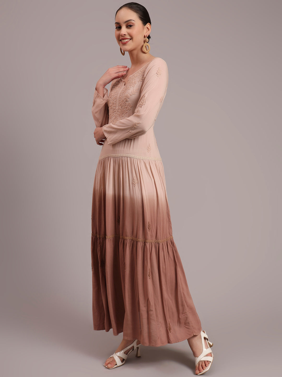 Hand Embroidered Chikankari Modal Ombre Jalabiya-AL4047 Beige