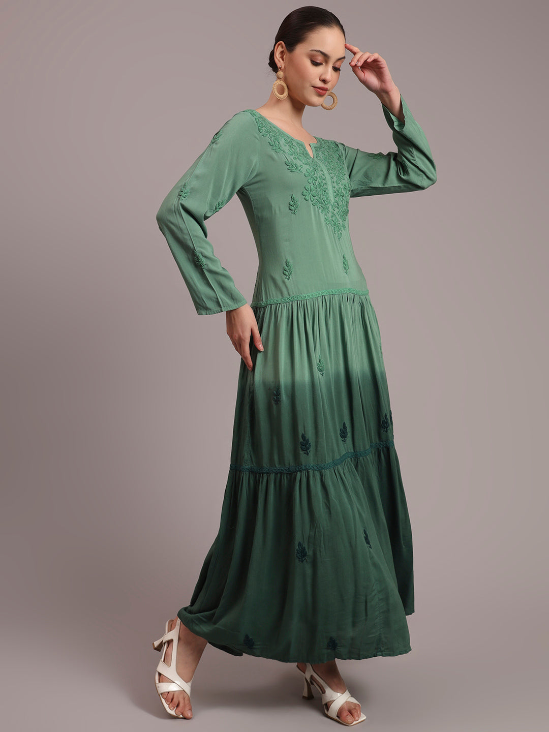 Hand Embroidered Chikankari Modal Ombre Jalabiya-AL4047 Green