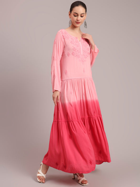 Hand Embroidered Chikankari Modal Ombre Jalabiya-AL4047 Peach